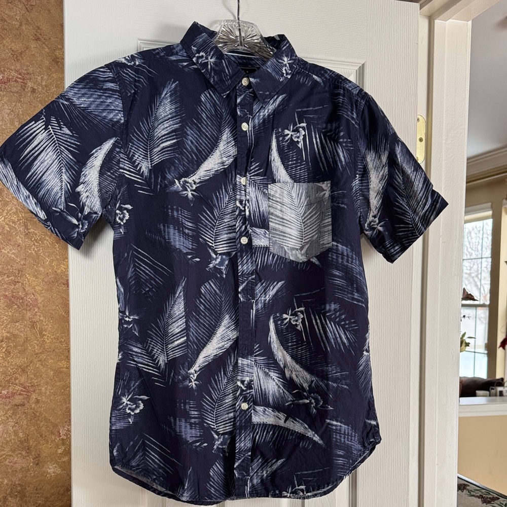 Navy Blue Tropical Print Men's Shirt